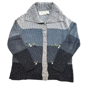 Sarah Bentley Womens XL Blue Grey Colorblock Floral Embroidered Cardigan Sweater